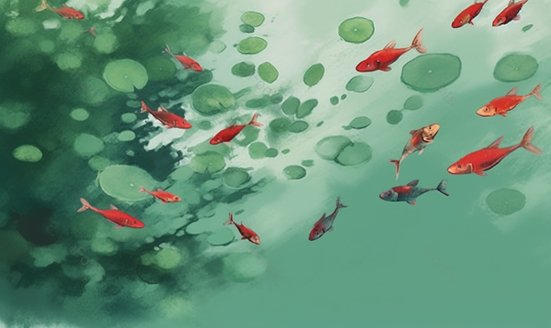 绿色炎热的立夏的池塘里的荷叶和锦鲤背景,插画/手绘图,插画/手绘图库,插画/手绘图下载,插画/手绘